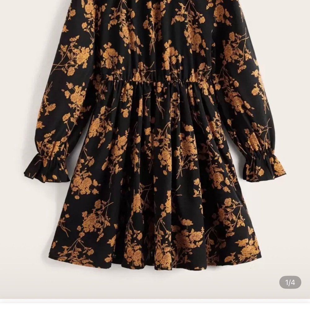 Charming Black and Gold Floral Kids Dress